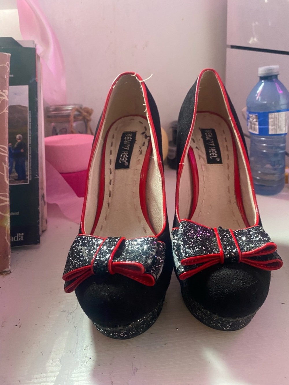 Black Glitter Bow Platform Heels with Red Trim